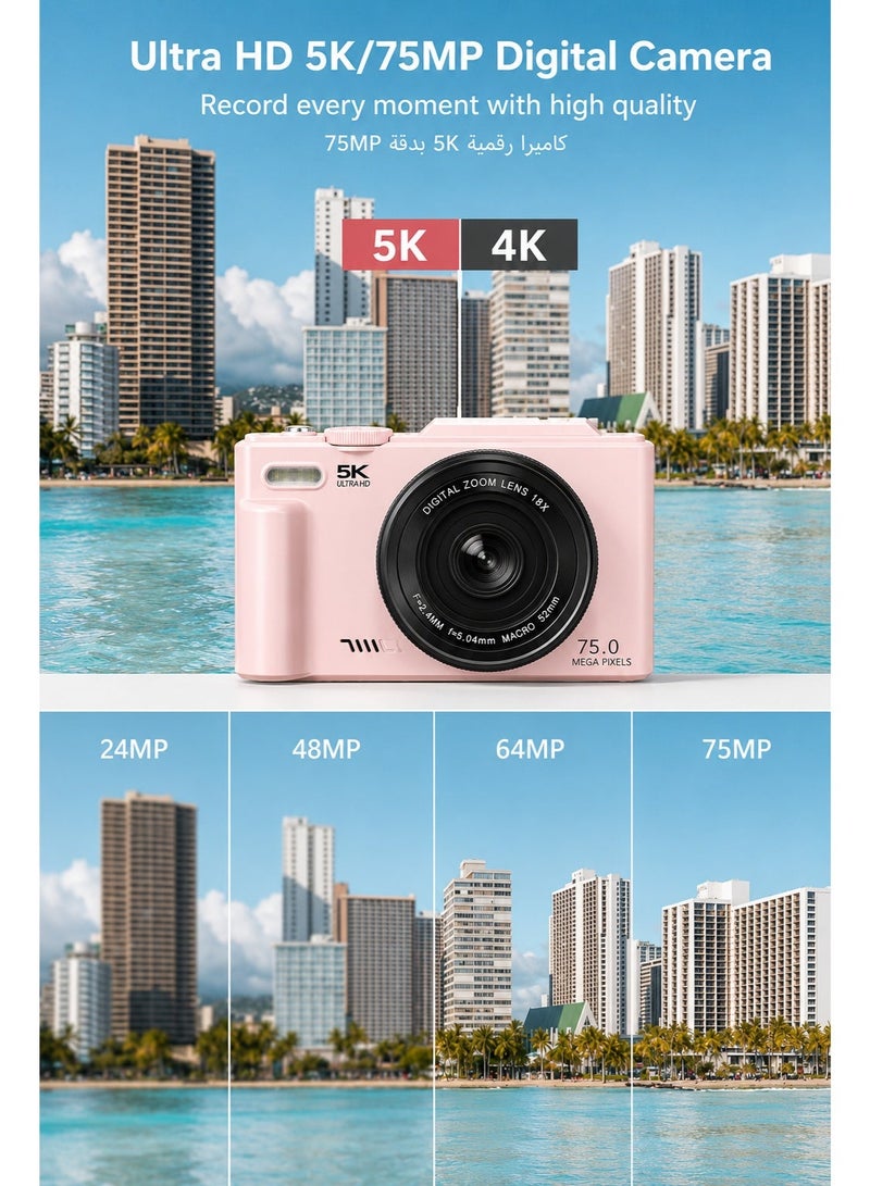 ياتاو كاميرا رقمية 5K بدقة 75 ميجابكسل مع مستشعر Sony CMOS، كاميرا تصوير وردية للتصوير والفلوغ، تقريب رقمي 18X، تركيز تلقائي، WiFi، شاشة قابلة للدوران 3 بوصة 180°، بطاقة 64GB، بطاريتان وقاعدة شحن - Image 2