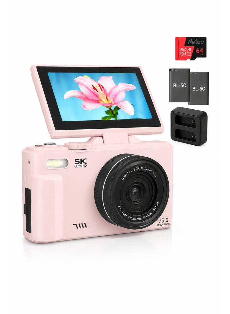ياتاو كاميرا رقمية 5K بدقة 75 ميجابكسل مع مستشعر Sony CMOS، كاميرا تصوير وردية للتصوير والفلوغ، تقريب رقمي 18X، تركيز تلقائي، WiFi، شاشة قابلة للدوران 3 بوصة 180°، بطاقة 64GB، بطاريتان وقاعدة شحن - Image 1