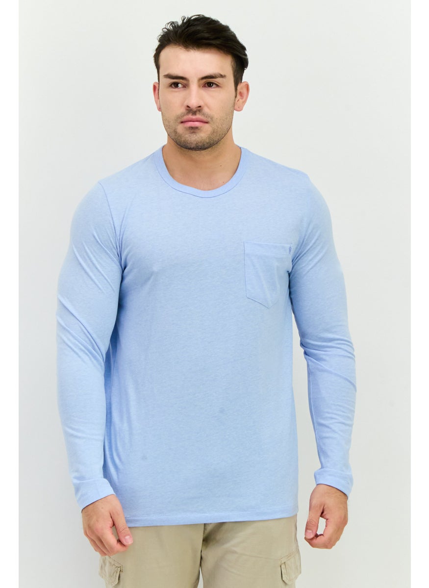 French Connection Men Crew Neck Long Sleeves Brand Logo Front Pocket T-Shirt, Sky Blue  - Image 1