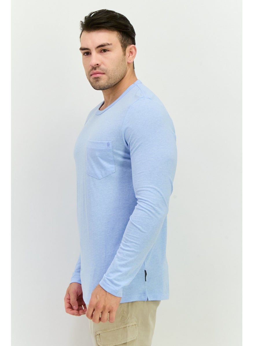 French Connection Men Crew Neck Long Sleeves Brand Logo Front Pocket T-Shirt, Sky Blue  - Image 2
