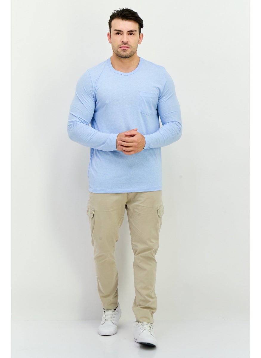 French Connection Men Crew Neck Long Sleeves Brand Logo Front Pocket T-Shirt, Sky Blue  - Image 4