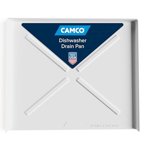Camco Dishwasher Drain Pan - Protects Floors, Cabinets, Walls & Features Front Opening for Easy Leak Detection - Crafted of Heavy-Duty Polymer - 24” x 20-1/2” (20600) - Image 1