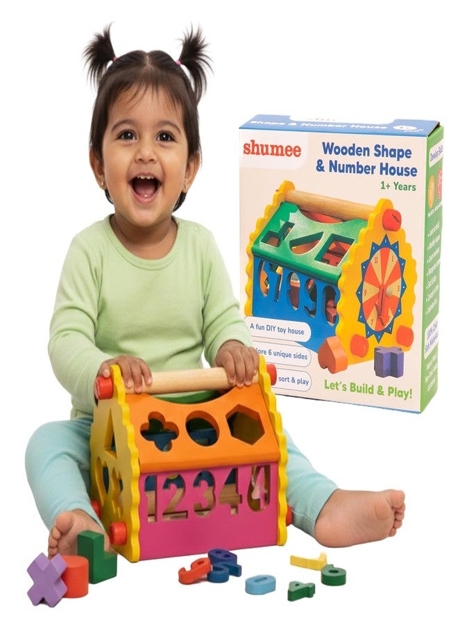 Shumee 6-in-1 Wooden House Shape Sorter Toys for Kids (1+yr) with Clock | Learn Numbers, Shapes, Colors & Time | Gift for 1 Year Old Boy & Girl | Numbers 0-9 & Easy Grip Shapes - Image 1