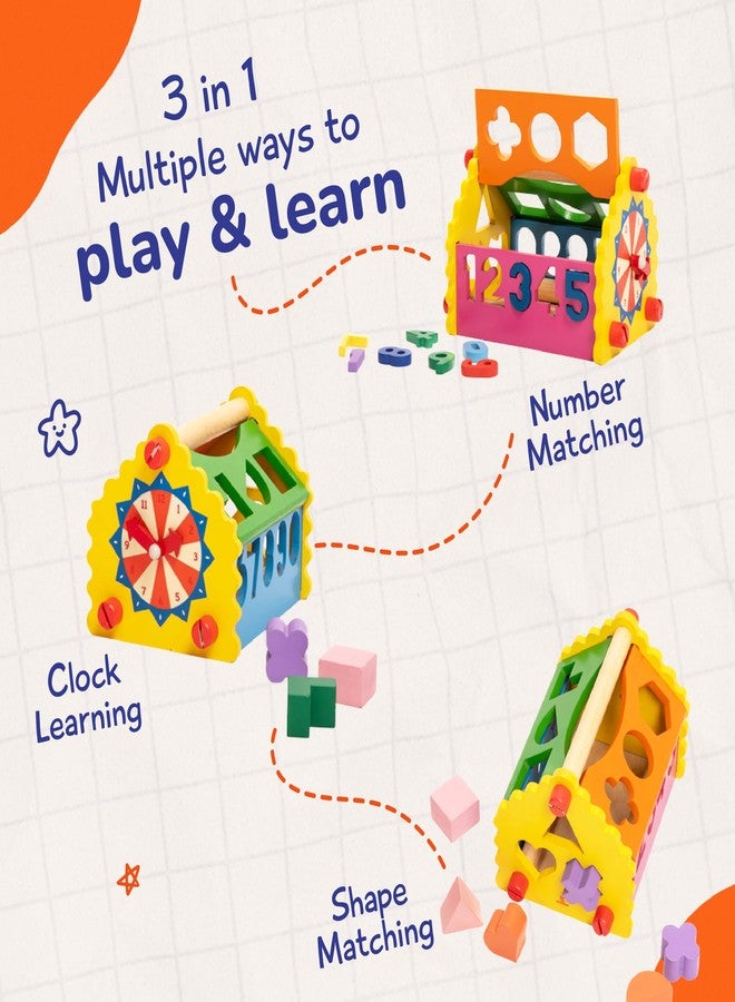 Shumee 6-in-1 Wooden House Shape Sorter Toys for Kids (1+yr) with Clock | Learn Numbers, Shapes, Colors & Time | Gift for 1 Year Old Boy & Girl | Numbers 0-9 & Easy Grip Shapes - Image 5