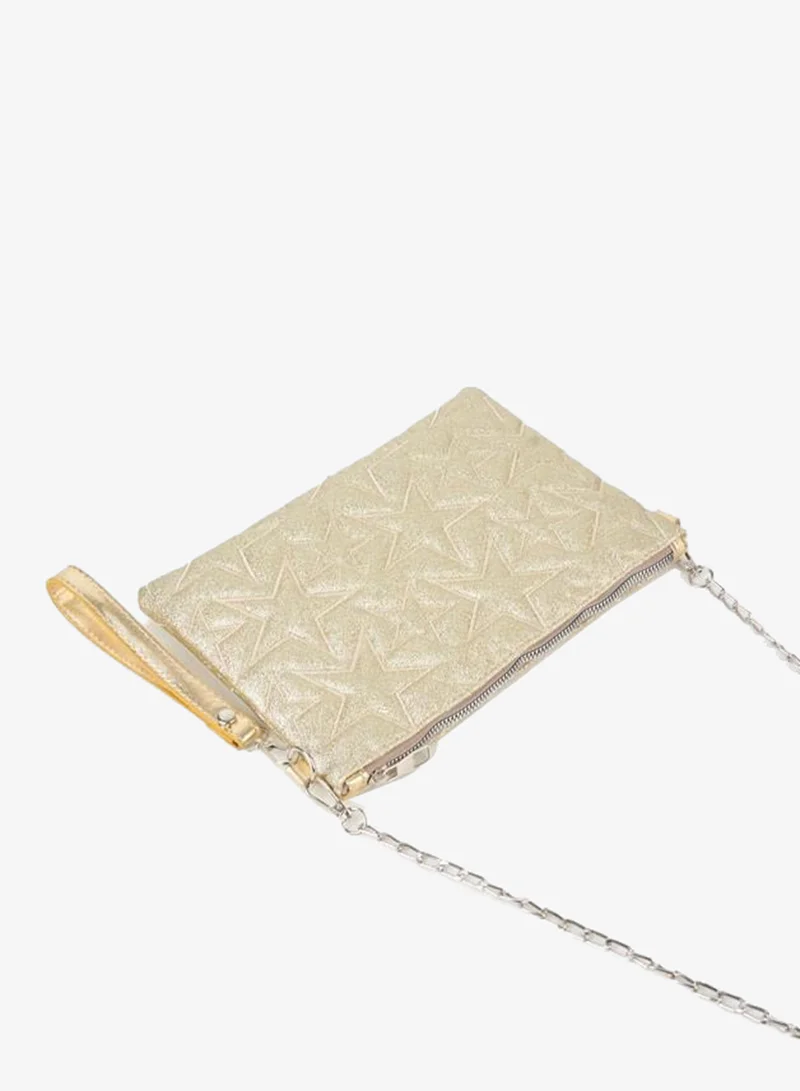 Vivaq Women's Yellow Sequin Star Embroidered Synthetic Leather Wrist and Chain Strap Portfolio Handbag and Clutch Bag.