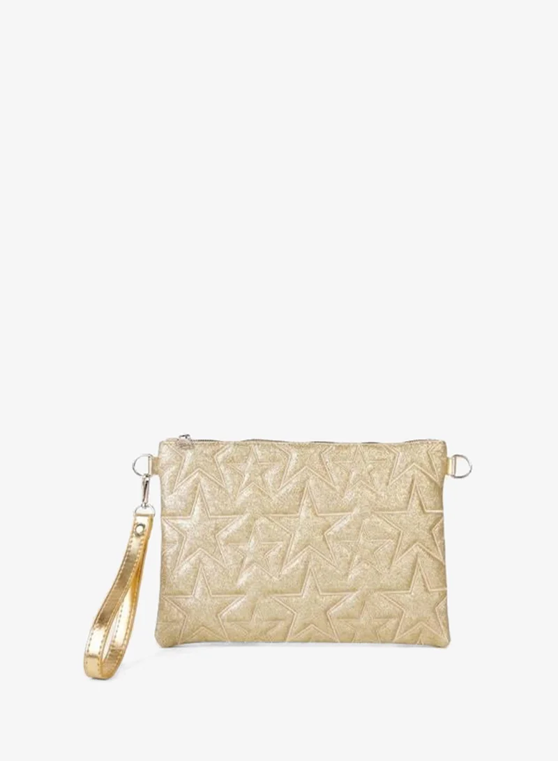 Women's Yellow Sequin Star Embroidered Synthetic Leather Wrist and Chain Strap Portfolio Handbag and Clutch Bag.
