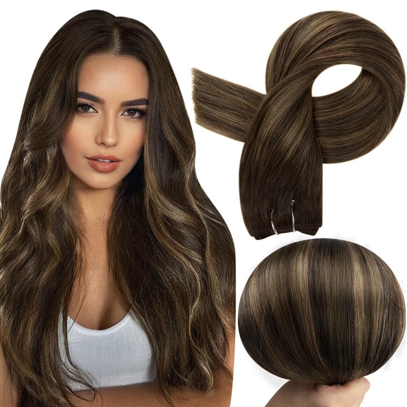 Full Shine 22 Inch Dark Brown Hair Extensions Sew In Hair Extensions Real Human Hair Balayage Dark Brown To Light Brown Hair Weft Straight Human Hair Sew In Extensions 105G - Image 1