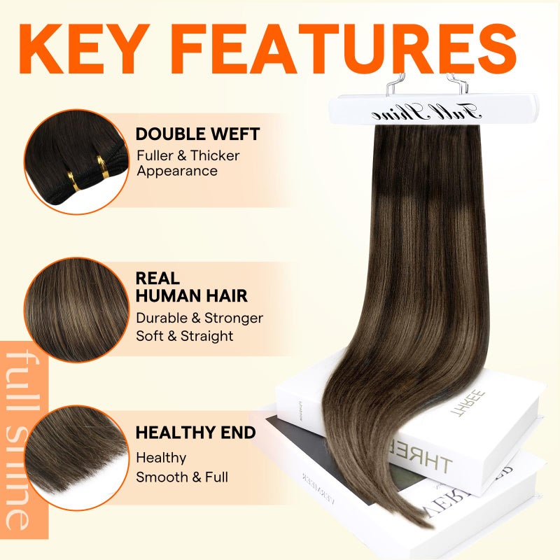 Full Shine 22 Inch Dark Brown Hair Extensions Sew In Hair Extensions Real Human Hair Balayage Dark Brown To Light Brown Hair Weft Straight Human Hair Sew In Extensions 105G - Image 2