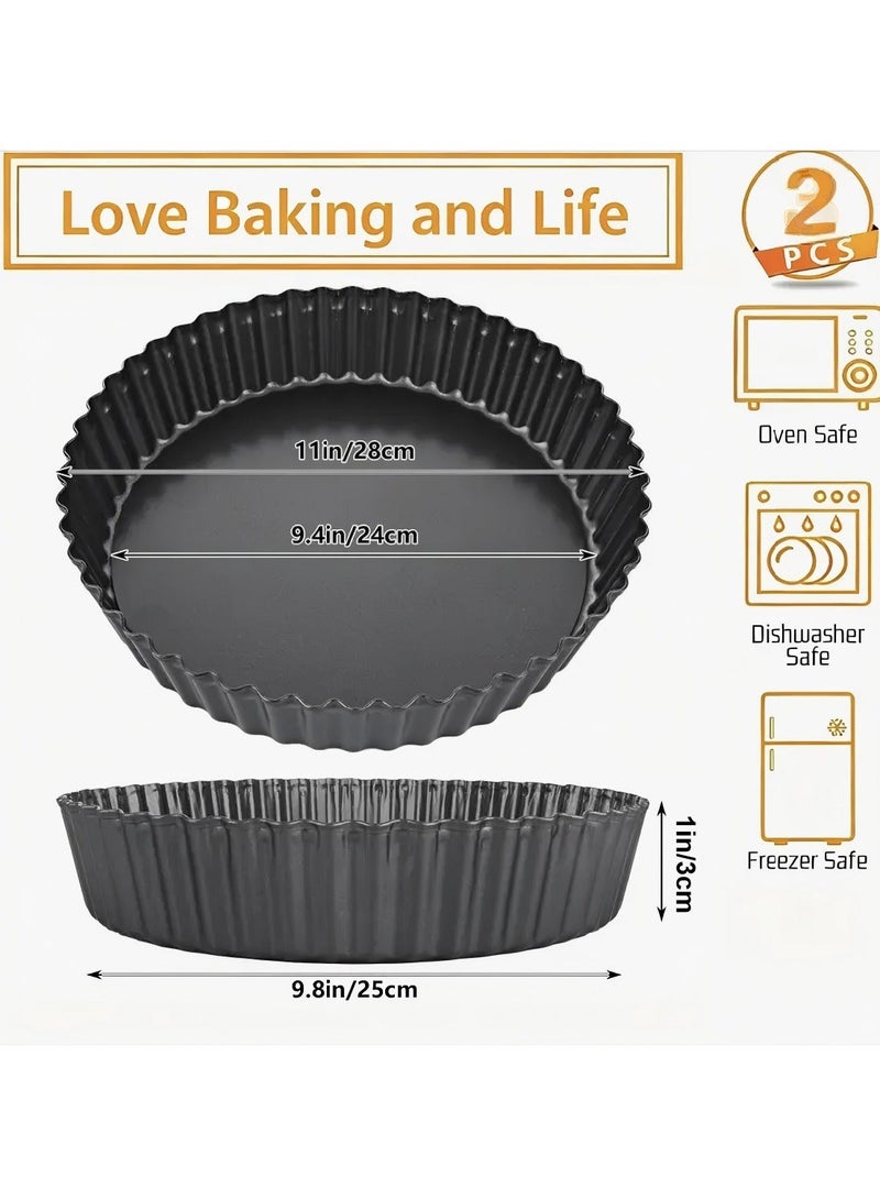 2pcs 11inch/28cm Tart Pan with Removable Bottom Small Non Stick Carbon Steel Quiche Pie Pans for Oven Baking，Fluted Round Deep Quiche Dish - Image 2