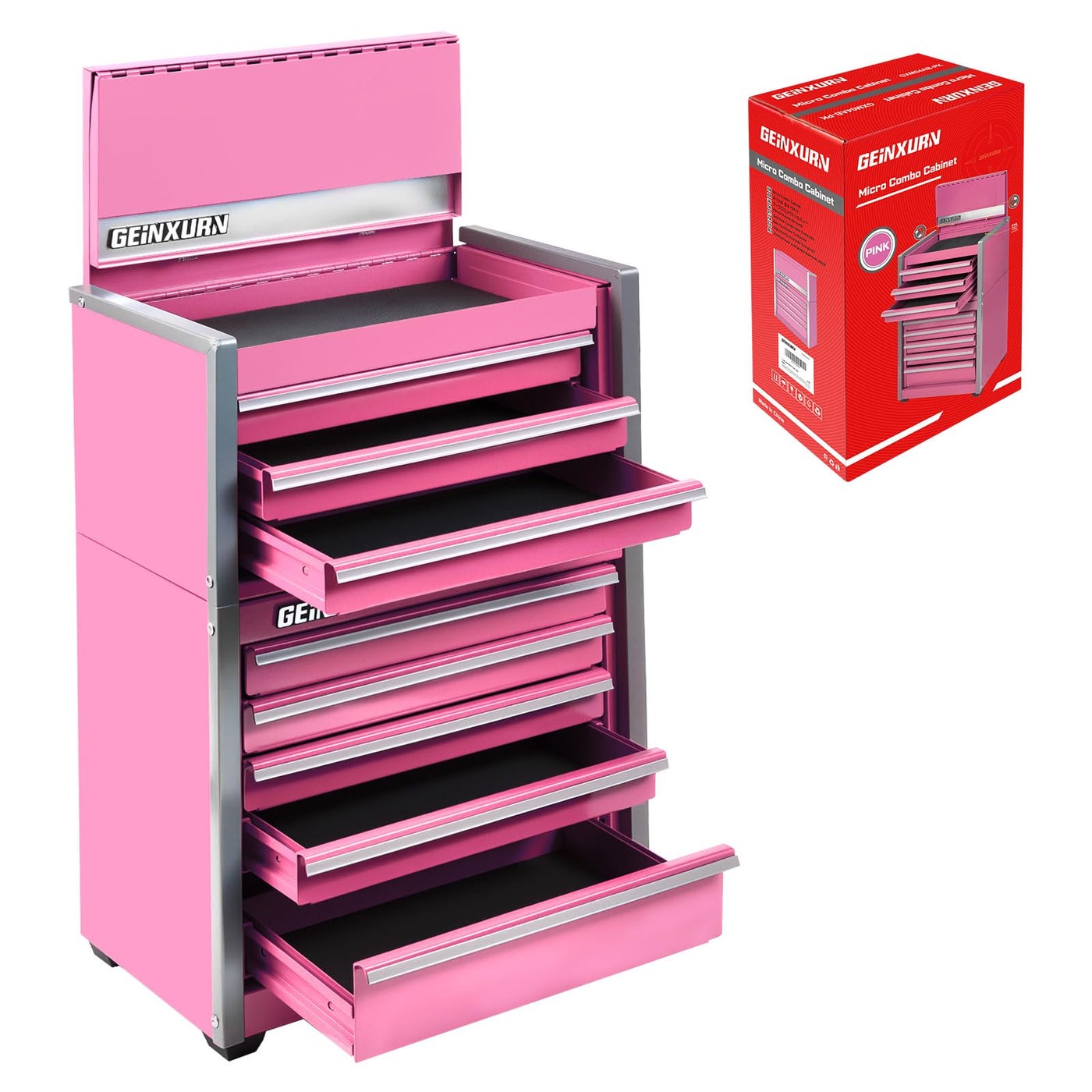 Geinxurn Mini Tool Box 3 Drawer Micro Top Chest and 5 Drawer Micro Roll Cab with Magnetic Locking Stackable Portable Hand Carry Tool Cases for Tools Storage (Pink)