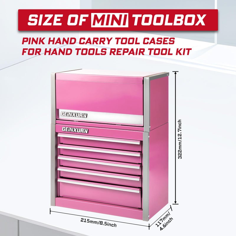Geinxurn Mini Tool Box 3 Drawer Micro Top Chest and 5 Drawer Micro Roll Cab with Magnetic Locking Stackable Portable Hand Carry Tool Cases for Tools Storage (Pink) - Image 2