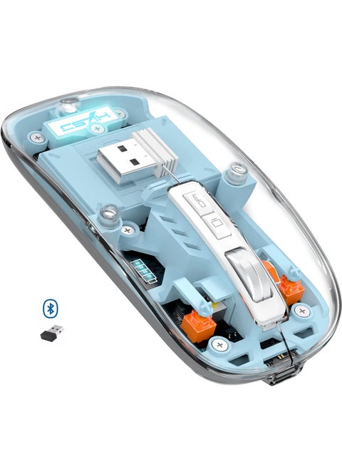 Wireless Bluetooth5.1&2.4G Mini Lightweight Mouse,Transparent Clear Cool,Rechargeable Silent Computer Mice,Nano USB C Receiver,LED Battery Magic Silm for Office/PC/Mac/Laptop/Apple/ipad