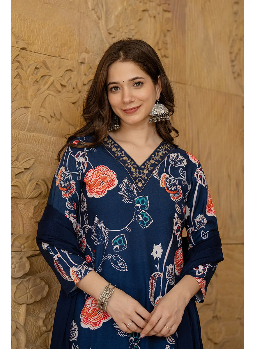 زيري سوق Blue Rayon Blend Floral Printed Straight Kurta Set