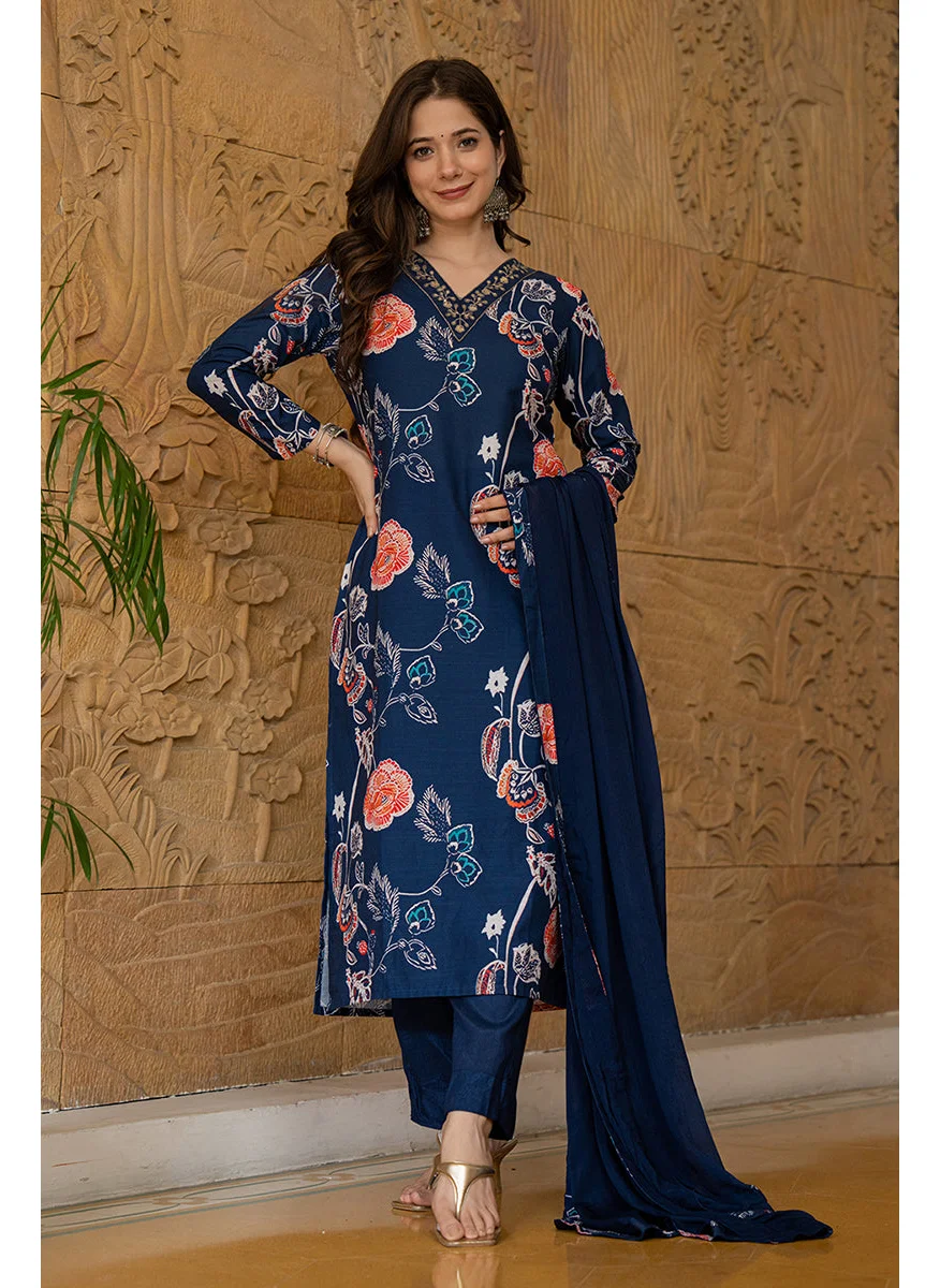 زيري سوق Blue Rayon Blend Floral Printed Straight Kurta Set