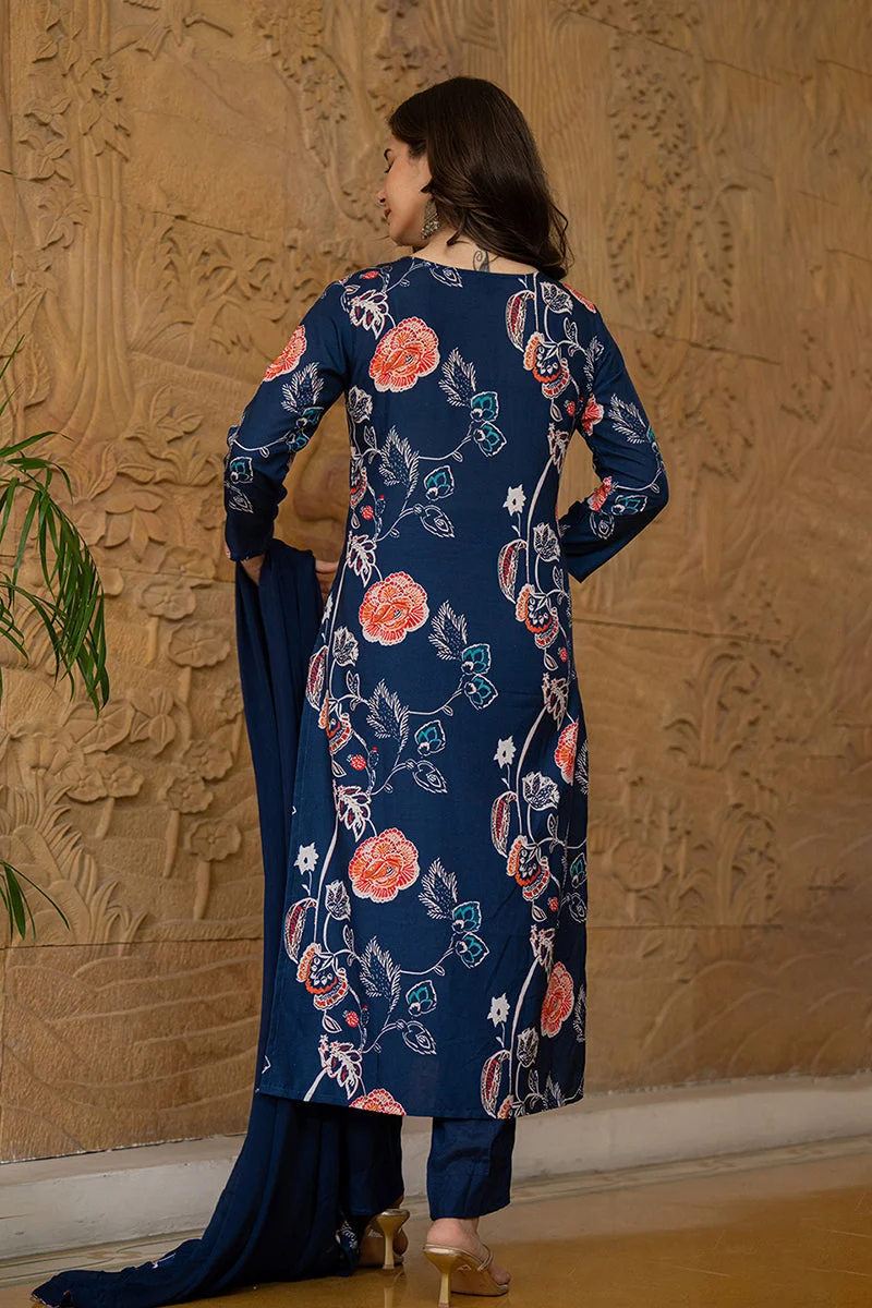 ZERESOUQ Blue Rayon Blend Floral Printed Straight Kurta Set