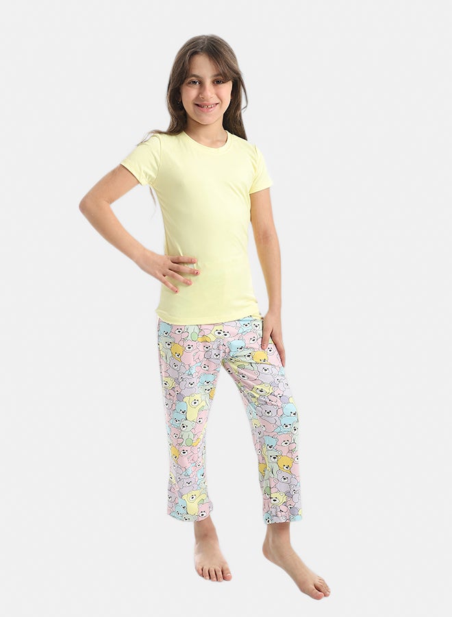 Andora Half Sleeves Plain T-Shirt And Teddy Bears Pants Pijama Set_Yellow - Image 2