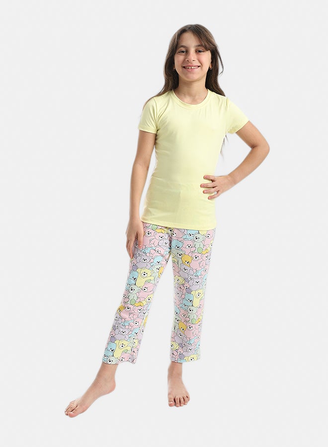 Andora Half Sleeves Plain T-Shirt And Teddy Bears Pants Pijama Set_Yellow - Image 1