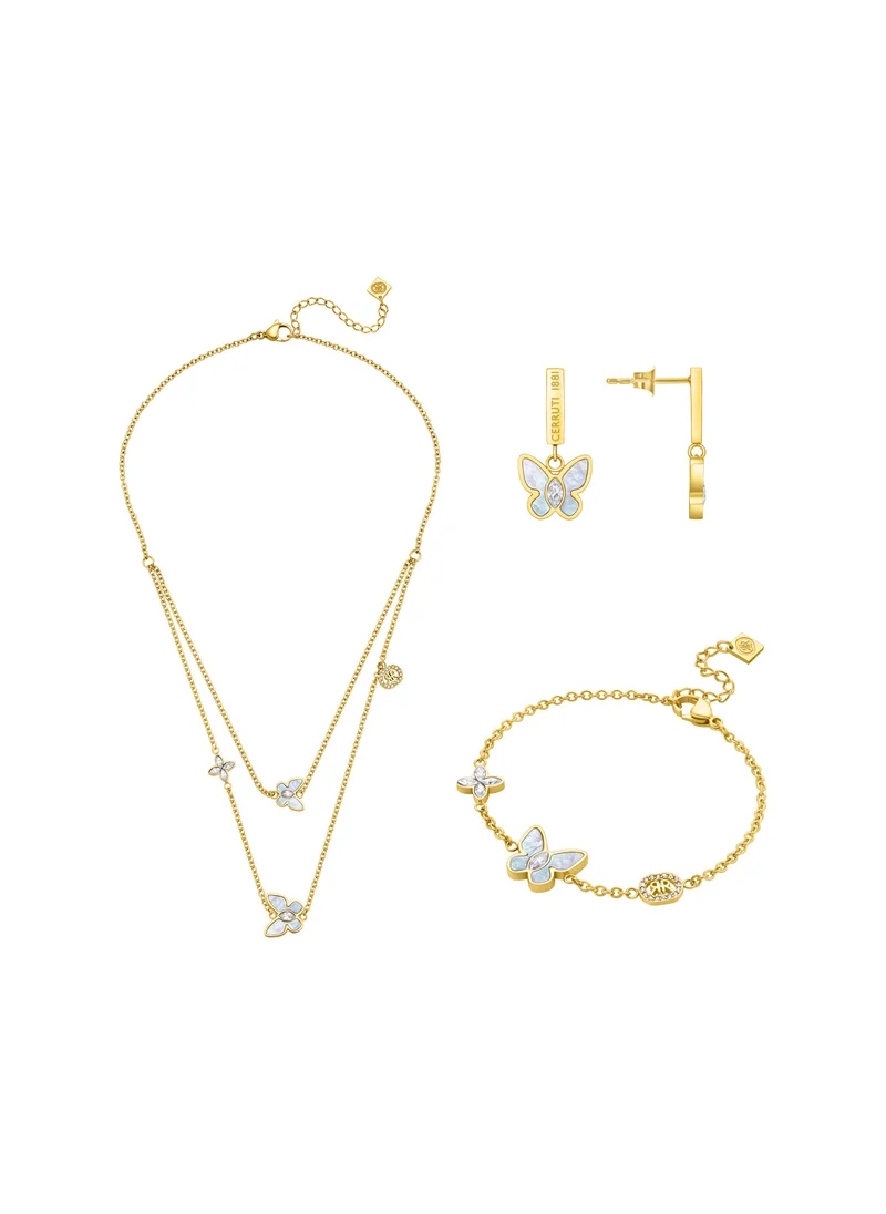 شيروتي 1881 Mariposa.2 Gold Plated with Blue MOP Necklace, Earrings and Bracelet Set Box for Womens