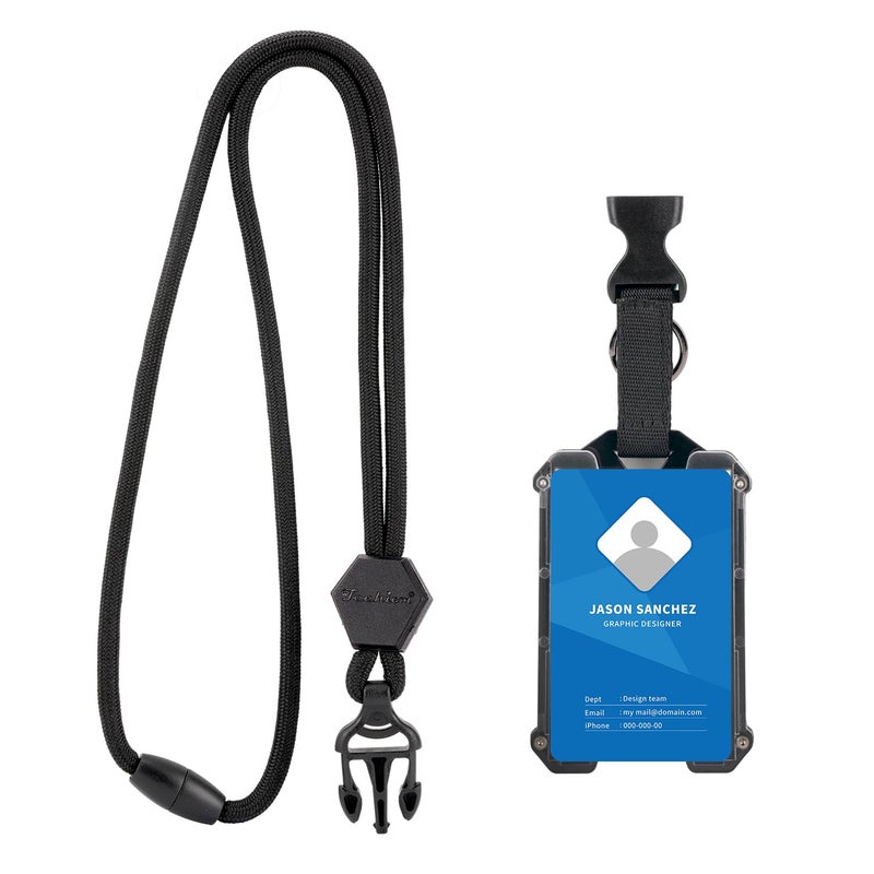 Techion Badge Holder, Hard Plastic ID Badge Holder with Heavy Duty Breakaway Lanyard, Detachable Buckle, Holds up to 5 Cards and Adjustable for Office, School - Vertical Black - Image 3