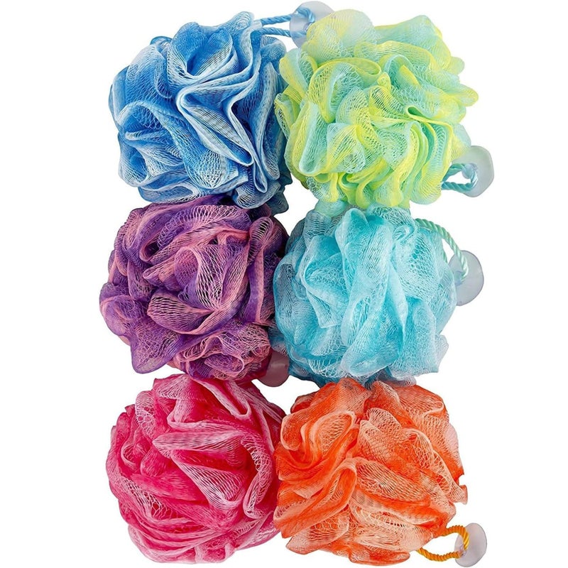 Spa Savvy Bath Loofah Set Pack of 6 Shower Body Sponges with Suction Cups for Men and Women Exfoliating Pouf Bath Accessories Multicolor