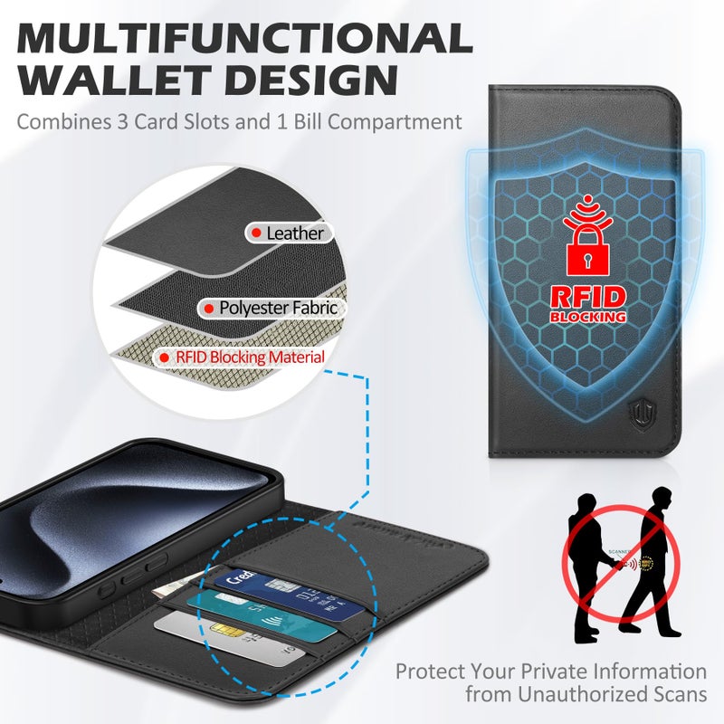 SHIELDON Case for iPhone 15 Pro Max 6.7", Genuine Leather Wallet Folio [Magnetic Closure] [RFID Blocking Card Slot] [Kickstand] Full Protection Case Compatible with iPhone 15 Pro Max 2023 - Black - Image 3