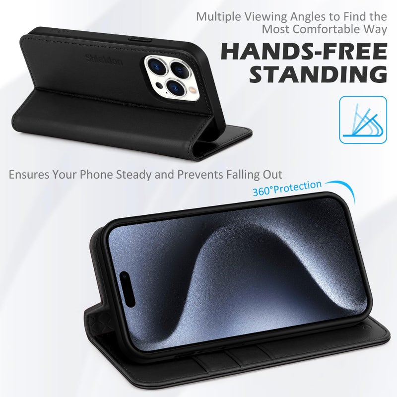 SHIELDON Case for iPhone 15 Pro Max 6.7", Genuine Leather Wallet Folio [Magnetic Closure] [RFID Blocking Card Slot] [Kickstand] Full Protection Case Compatible with iPhone 15 Pro Max 2023 - Black - Image 4