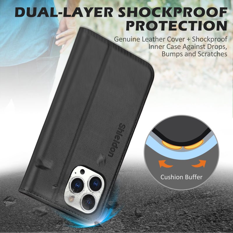 SHIELDON Case for iPhone 15 Pro Max 6.7", Genuine Leather Wallet Folio [Magnetic Closure] [RFID Blocking Card Slot] [Kickstand] Full Protection Case Compatible with iPhone 15 Pro Max 2023 - Black - Image 5