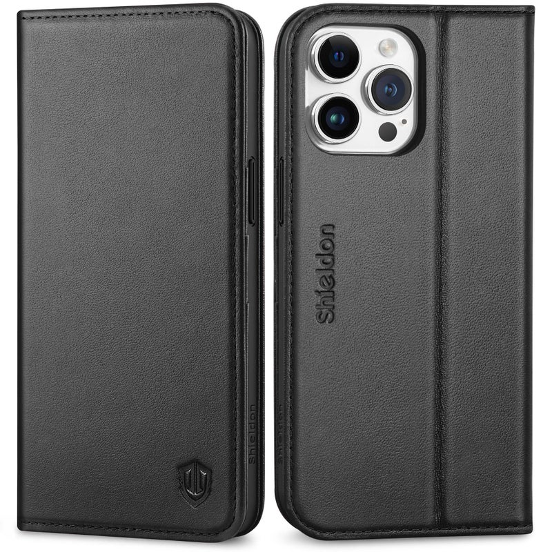 SHIELDON Case for iPhone 15 Pro Max 6.7", Genuine Leather Wallet Folio [Magnetic Closure] [RFID Blocking Card Slot] [Kickstand] Full Protection Case Compatible with iPhone 15 Pro Max 2023 - Black - Image 1