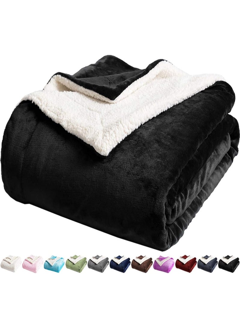 بطانية شيربا مزدوجة الجوانب من LBRO2M، ناعمة للغاية، دافئة ومريحة، منفوشة، بطانيات فاخرة قابلة للعكس (أسود، مقاس كوين) - Image 1