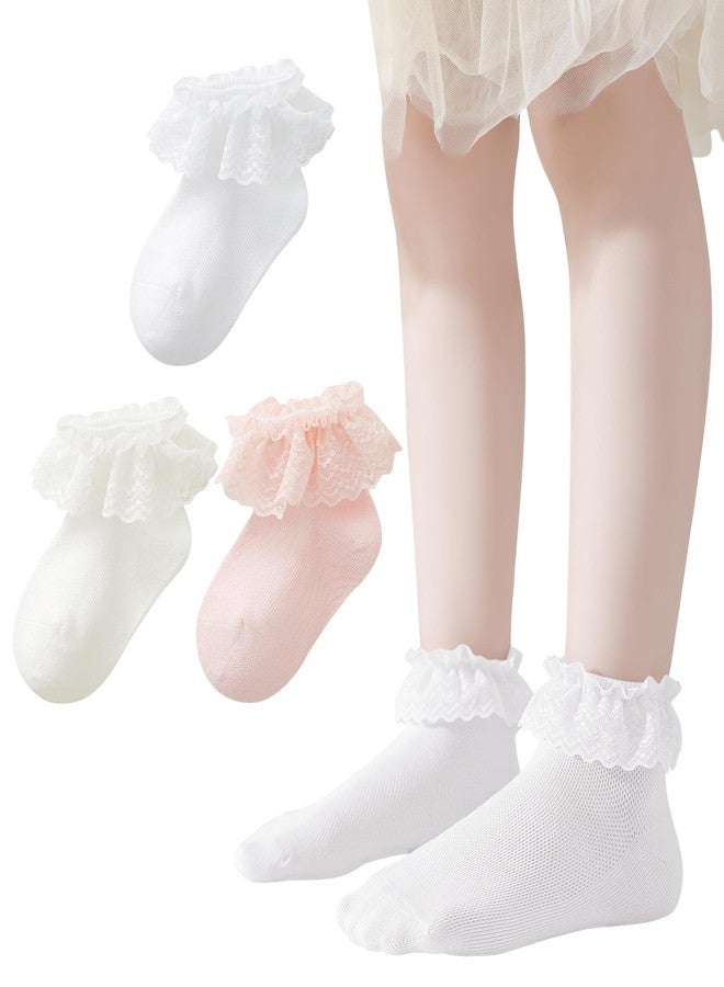 Mini angel Baby Lace Socks Toddler Eyelet Frilly Socks 1-3 Years Girls Ruffle Sock 3 Pairs (Ivory White Pink,M) - Image 1