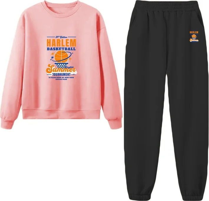 دوغ فش Tracksuit Oversize Harlem Basketball Tournament College Printed Tracksuit Set,lover,couple Combination Pink