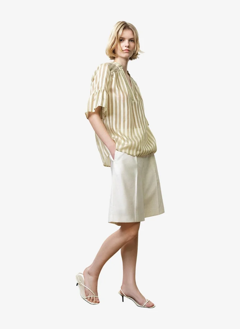 فرنش كونكشن Women's Adeline Relaxed Green Striped V Neck Top