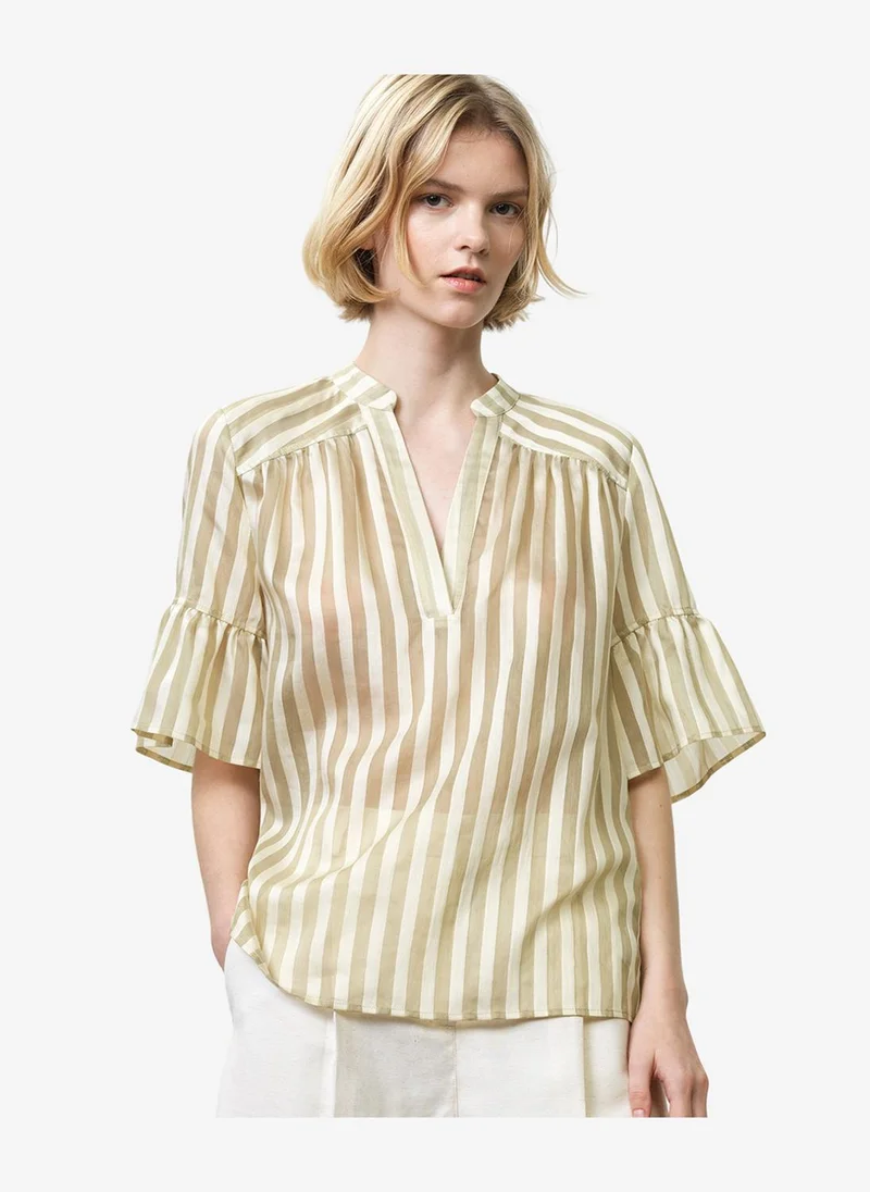 فرنش كونكشن Women's Adeline Relaxed Green Striped V Neck Top