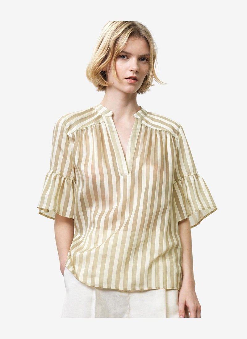 French Connection Women's Adeline Relaxed Green Striped V Neck Top - Image 1