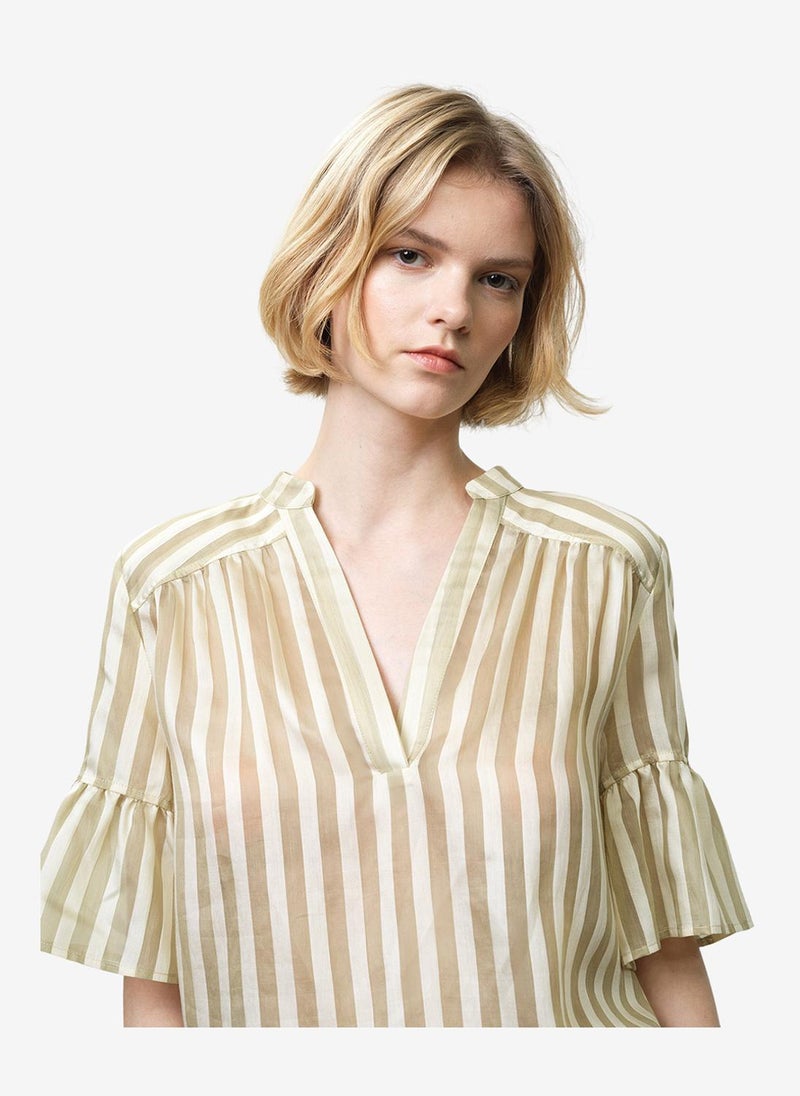 French Connection Women's Adeline Relaxed Green Striped V Neck Top - Image 3