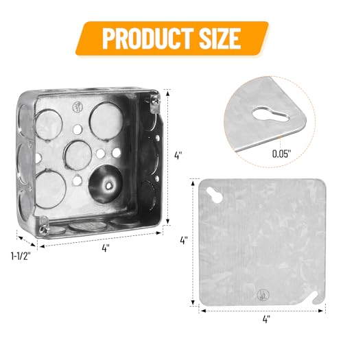 Venussar 4" Square Electrical Box with Cover, 1-1/2" Deep Metal Electrical Box, Ten 1/2'' and Six 3/4'' Knockouts, Galvanized Steel, 21.0 Cu. in. Capacity Junction Box Metal - Image 5