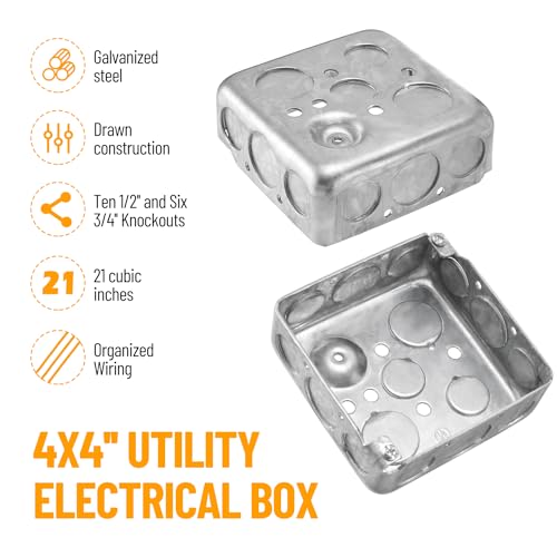 Venussar 4" Square Electrical Box with Cover, 1-1/2" Deep Metal Electrical Box, Ten 1/2'' and Six 3/4'' Knockouts, Galvanized Steel, 21.0 Cu. in. Capacity Junction Box Metal - Image 3