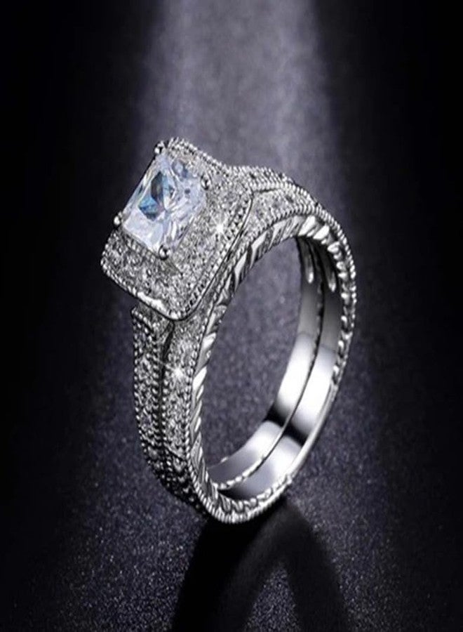 EUJHRTM 925 Sterling Silver Two in one Double-Layer Cubic Zirconia Wedding Ring for Women, Halo Wedding Ring Set, Men's and Women's Titanium Stainless Steel Ring 2-Piece Set Size 9 - Image 4