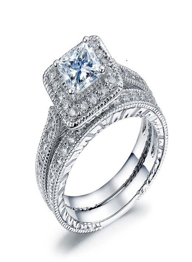 EUJHRTM 925 Sterling Silver Two in one Double-Layer Cubic Zirconia Wedding Ring for Women, Halo Wedding Ring Set, Men's and Women's Titanium Stainless Steel Ring 2-Piece Set Size 9 - Image 5