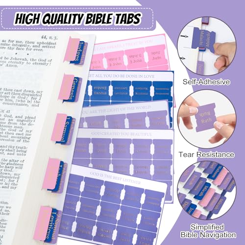 Reaeon Bible Tabs, Laminated Bible Tabs for Women & Men, 75 Tabs, Bible Tabs for Study Bible, Large Print Easy to Read and Apply Tabs for All Ages (Gold Foil Violet) - Image 2