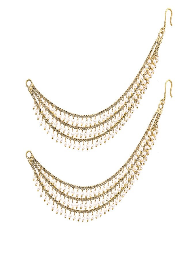 MEENAZ Traditional Temple Gold Plated Moti Bahubali Wedding Bridal Pearl Ear Chain Hair Accessories Jhumkas Jhumki Earrings for Women Support Stylish (Golden) - Image 1