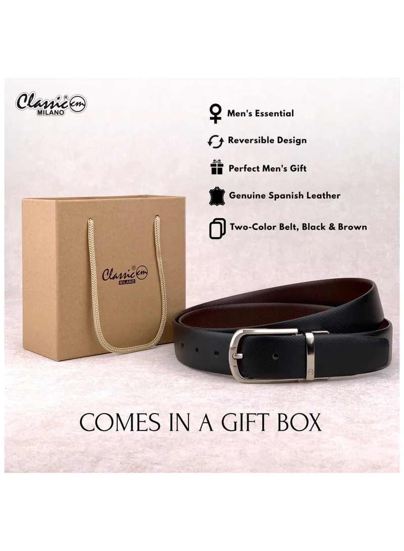 Classic Milano Black Brown (TRENZAS) Classic Milano Spanish Genuine Leather Reversible Belt for Men, Premium Formal Leather Belt with Reversible Pin Buckle, Elegant Men's Belt for Business Wear, Office, Wedding and Special Occasions | 2 in 1 Belt (Pack of 1) for Men | Best Price UAE