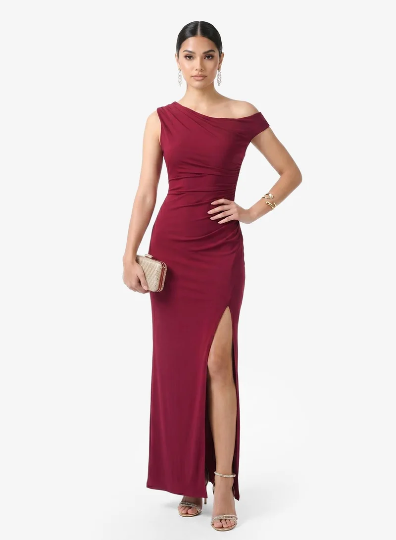 Tfnc burgundy Slink Side Slit Off Shoulder Maxi Dress for Women | Best Price UAE