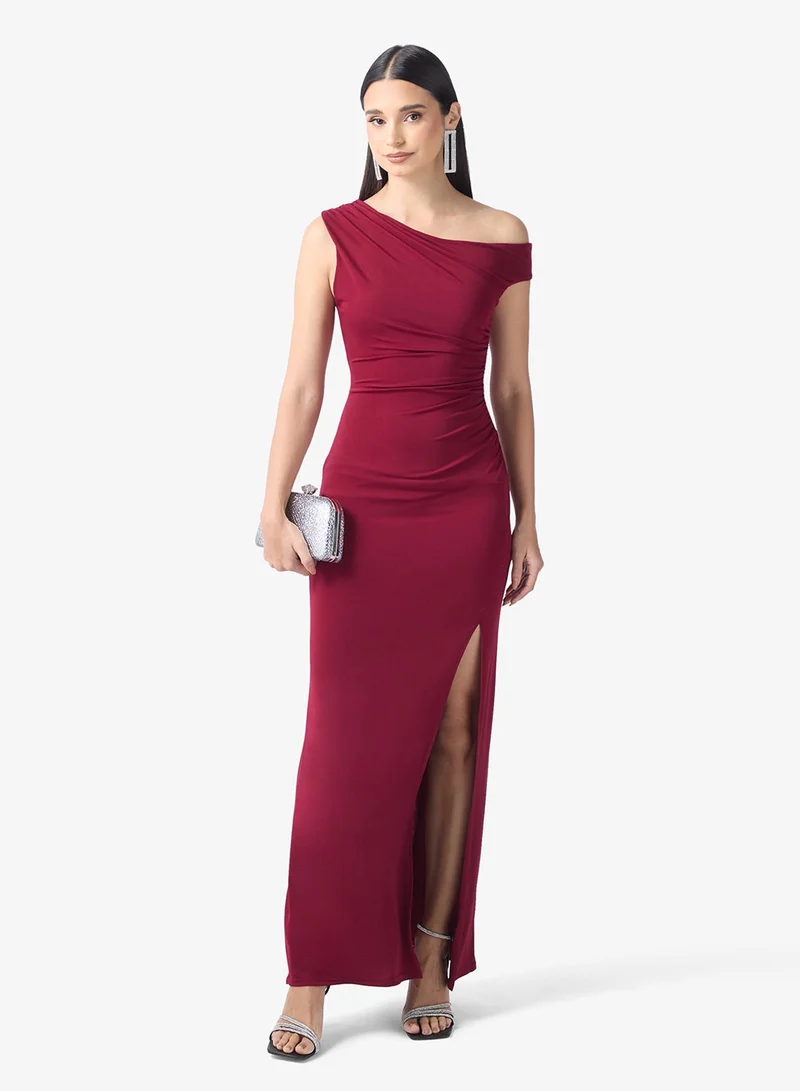 Tfnc burgundy Slink Side Slit Off Shoulder Maxi Dress for Women | Best Price UAE