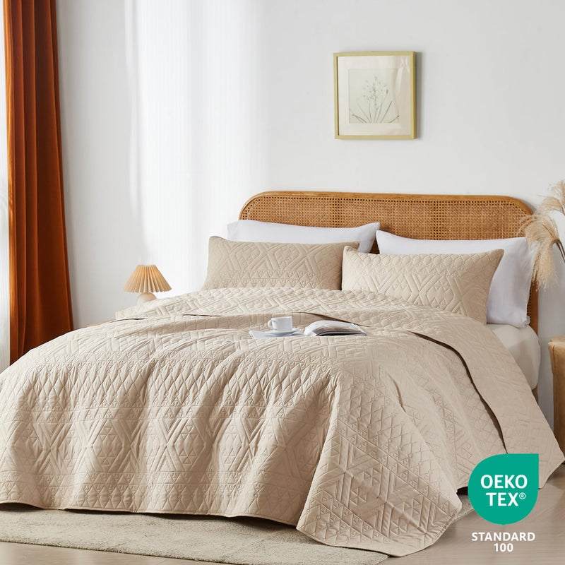 akkialla King/Cal King Size Quilt Bedding Set,Beige Lightweight Microfiber Soft Bedspread,Modern Style Geometric Pattern Coverlet Set for All Seasons,3 Piece(1 Quilt,2 Pillow Shams) - Image 2