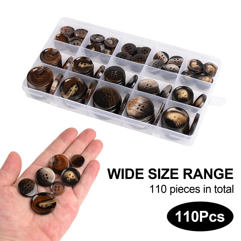 OELFFOW 110Pcs Brown Patterned Mixed Sewing Buttons, 4-Hole Craft Round Blazer Buttons, 5 Color 3 Size (15mm, 20mm, 25mm) Suit Coats Resin Button, for Variety Clothing Sewing, DIY Craft (Brown Patterned) - Image 4
