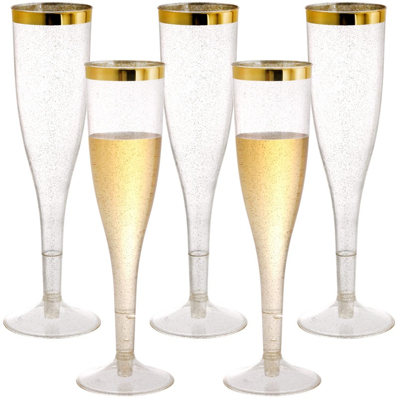 Hedume 50 Pack 65 Oz Disposable Plastic Champagne Flutes with Gold Glitter and Gold Rim 2Piece Disposable Champagne Glasses Toasting Flutes Party Cocktail Cups for Celebration Wedding