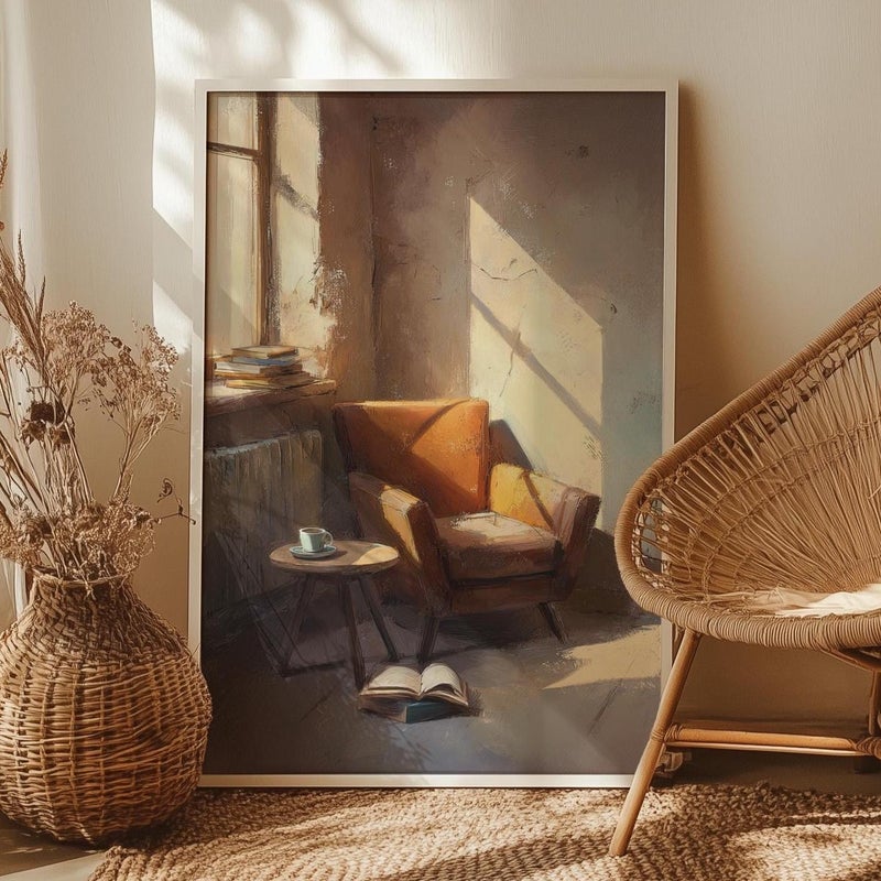 TNESSENTIAL Cozy Sunlit Interior Corner Art Poster or Canvas Print, Chair, Books and Coffee Warm Neutral Tones Painterly Art, Quiet Lived-In Home Decor - Image 1