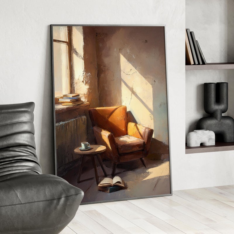 TNESSENTIAL Cozy Sunlit Interior Corner Art Poster or Canvas Print, Chair, Books and Coffee Warm Neutral Tones Painterly Art, Quiet Lived-In Home Decor - Image 3