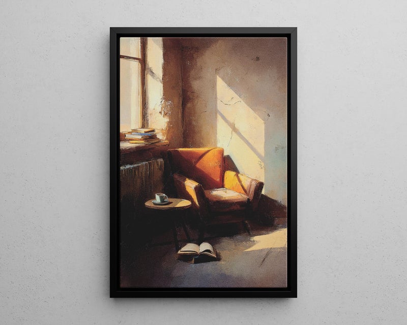 TNESSENTIAL Cozy Sunlit Interior Corner Art Poster or Canvas Print, Chair, Books and Coffee Warm Neutral Tones Painterly Art, Quiet Lived-In Home Decor - Image 5